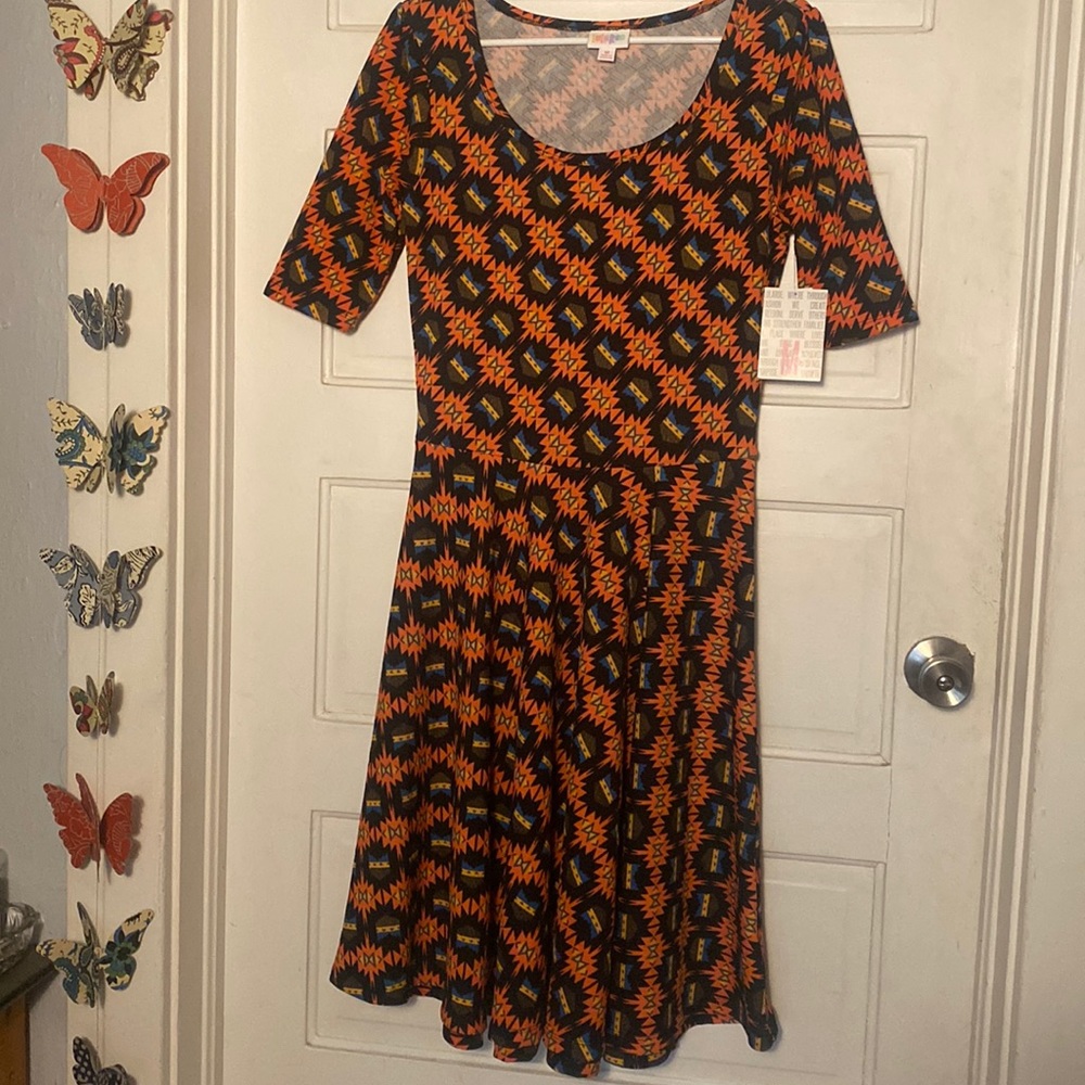 NWT, Lularoe Nicole dress Sz M black, orange, blue, Aztec style pattern